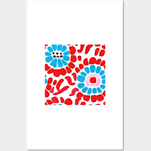 Bright red and turquoise abstract retro flowers Posters and Art